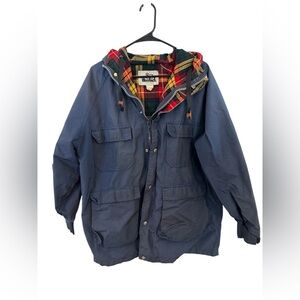 Woolrich Men's Navy Field Jacket with Colorful Plaid Hood